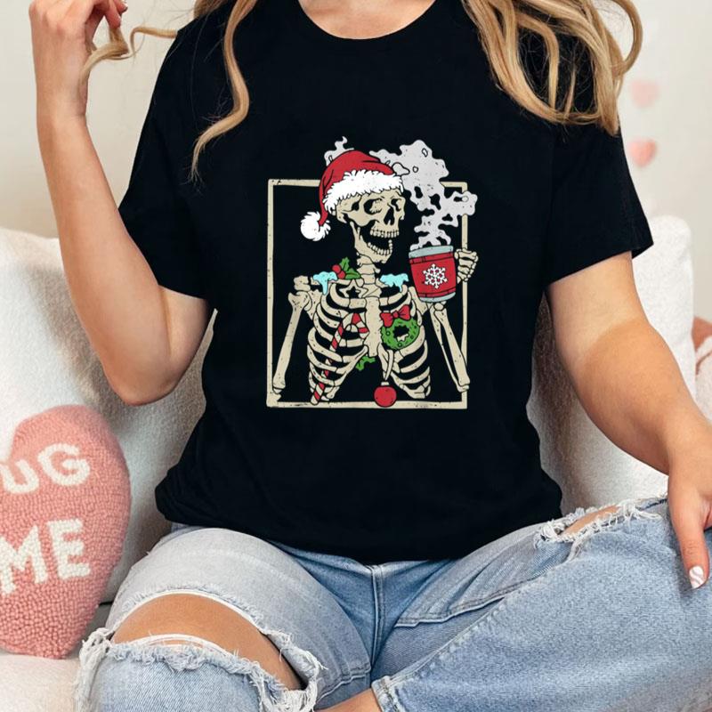 Christmas Skeleton With Smiling Skull Drinking Coffee Latte Unisex T-Shirt Hoodie Sweatshirt