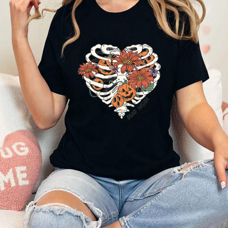 Dead Inside Heart Bone With Pumpkin Heads And Flowers Inside Happy Halloween Unisex T-Shirt Hoodie Sweatshirt