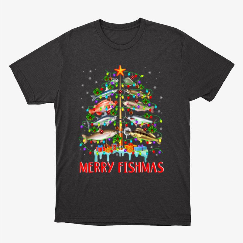 Merry Fishmas Funny Christmas Tree Lights Fish Fishing Rod Unisex T-Shirt Hoodie Sweatshirt