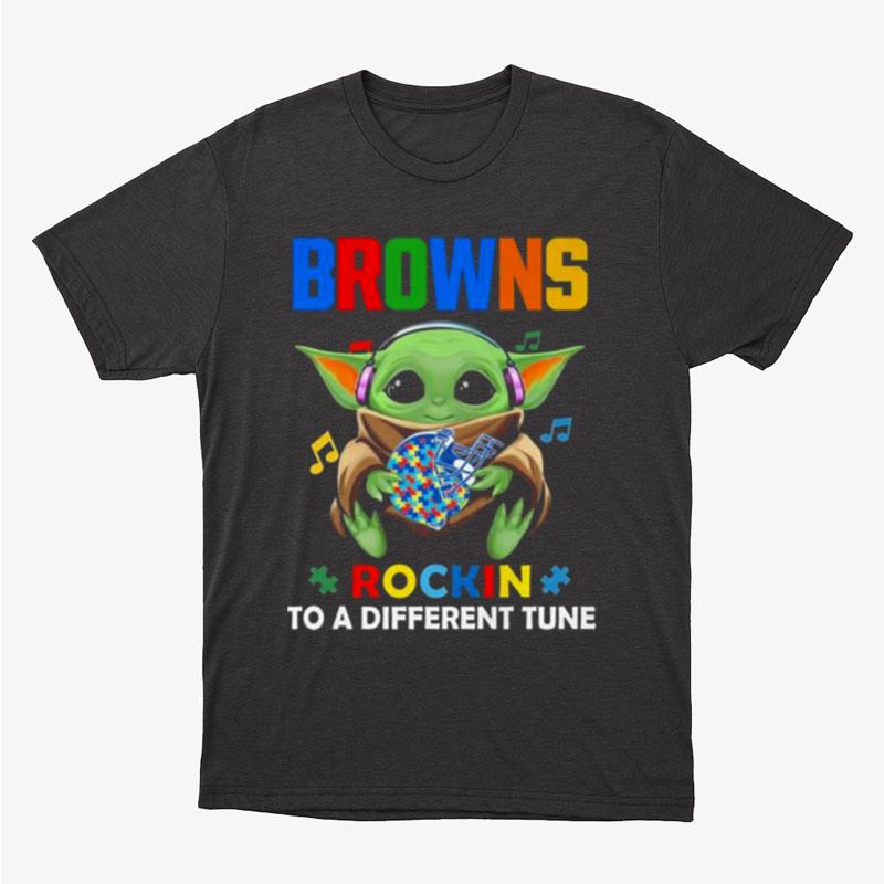 Baby Yoda Hug Cleveland Browns Autism Rockin To A Different Tune Unisex T-Shirt Hoodie Sweatshirt