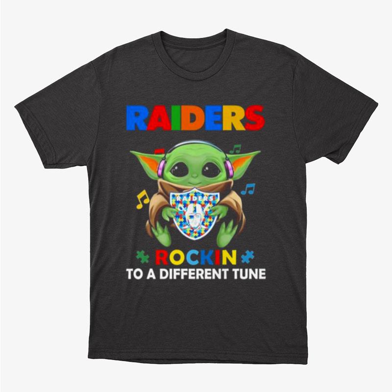 Baby Yoda Hug Las Vegas Raiders Autism Rockin To A Different Tune Unisex T-Shirt Hoodie Sweatshirt