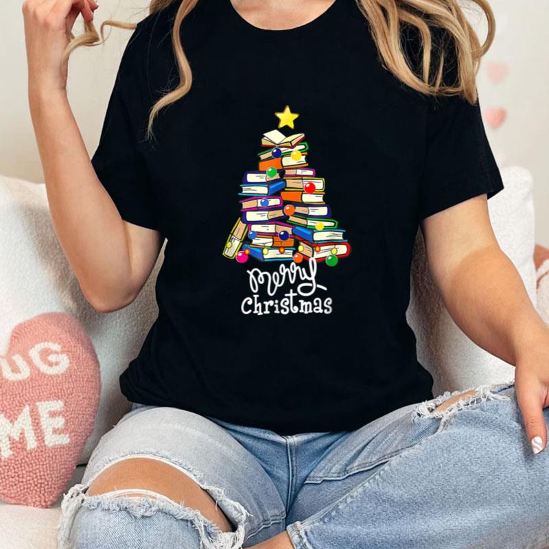 Merry Christmas Tree Love Reading Books Librarian Nerd Unisex T-Shirt Hoodie Sweatshirt