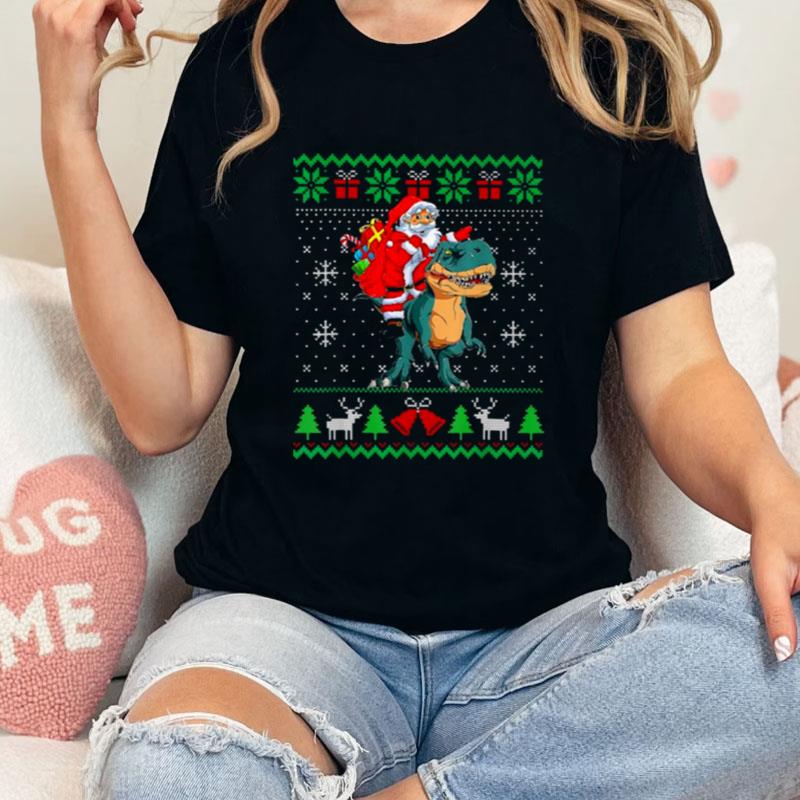 Santa Riding Dinosaur Rex Dinosaur Christmas Ugly Unisex T-Shirt Hoodie Sweatshirt