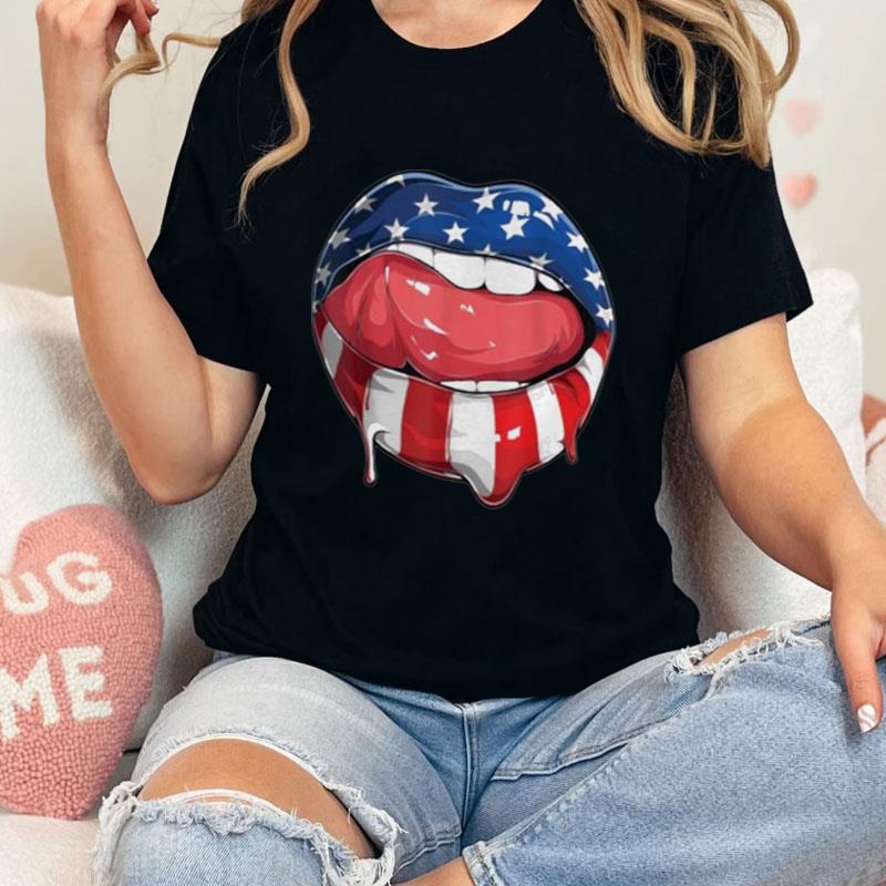 Usa Flag Dripping Lips 4Th Of July Patriotic American Unisex T-Shirt Hoodie Sweatshirt