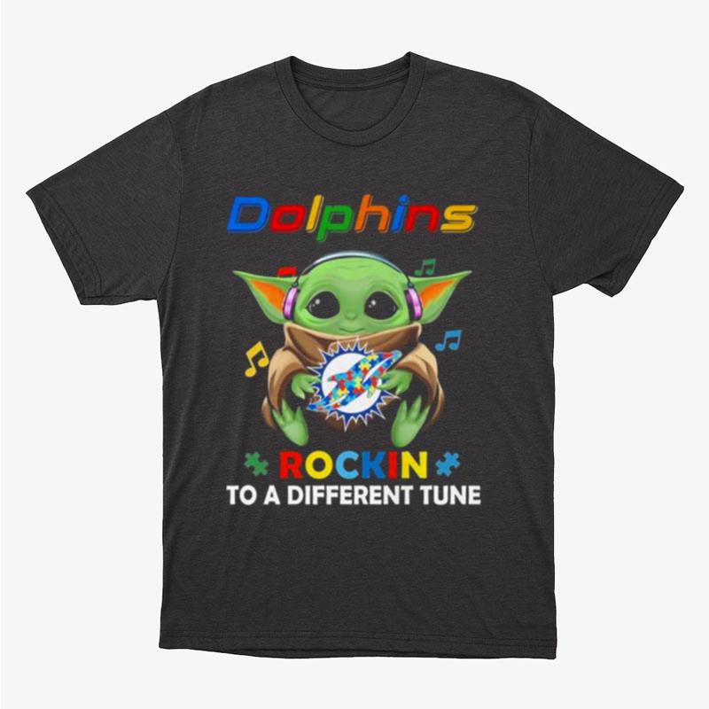 Baby Yoda Hug Miami Dolphins Autism Rockin To A Different Tune Unisex T-Shirt Hoodie Sweatshirt
