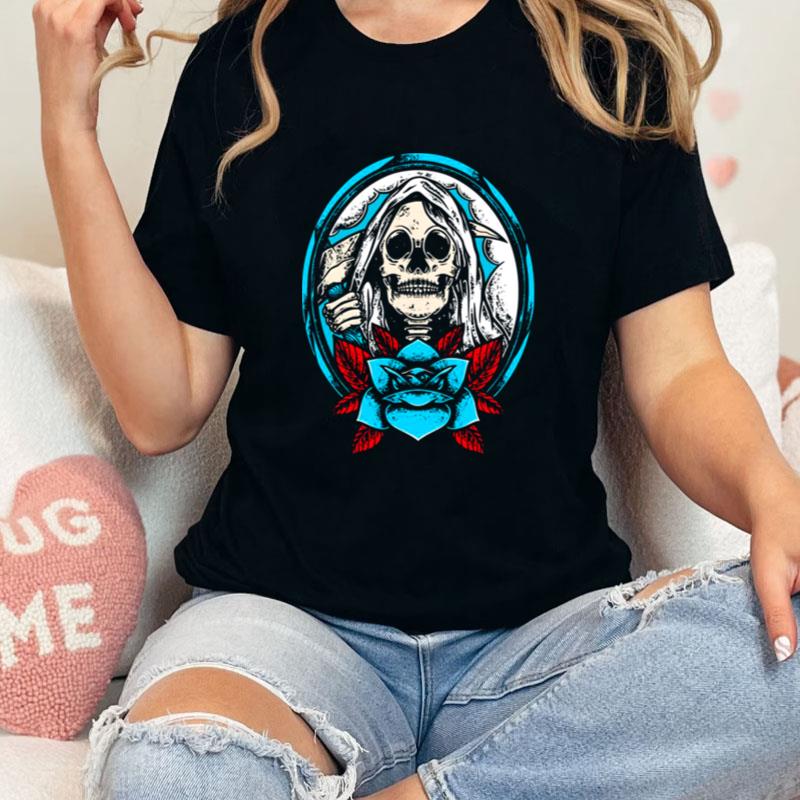 Happy Halloween Skull With Blue Roses Unisex T-Shirt Hoodie Sweatshirt