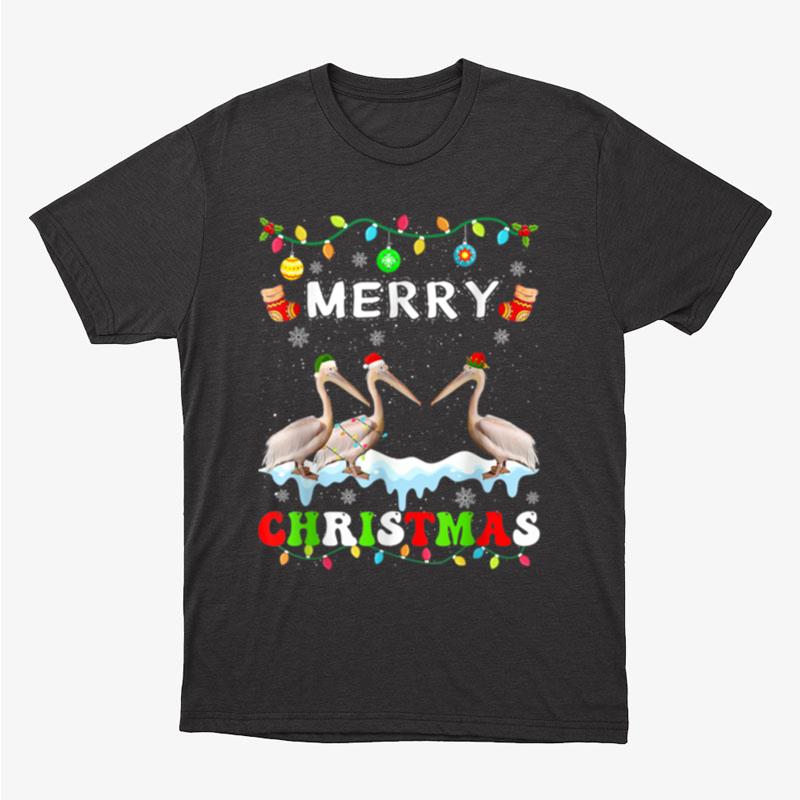 Merry Christmas Pelican Santa Hat Lights Xmas Unisex T-Shirt Hoodie Sweatshirt