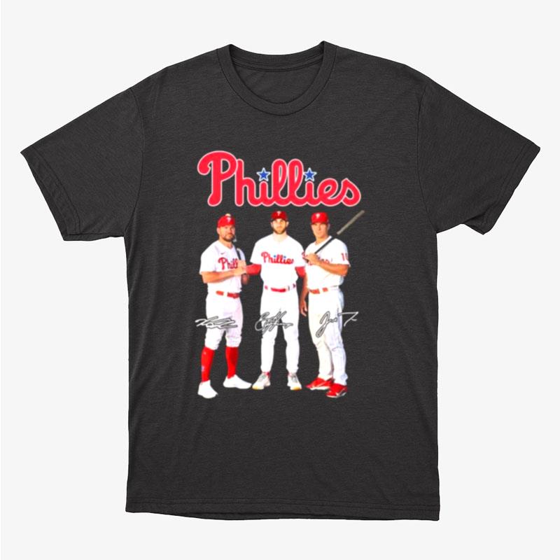 The Phillies J. T. Realmuto Bryce Harper And Kyle Schwarber Signatures Unisex T-Shirt Hoodie Sweatshirt