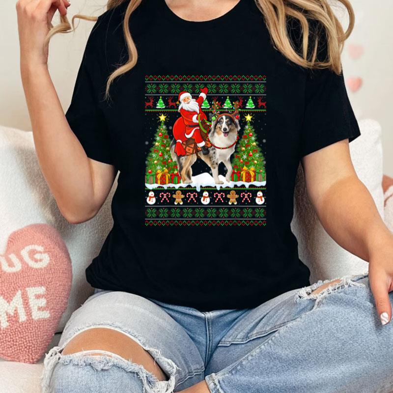 Xmas Ugly Santa Riding Australian Shepherd Dog Christmas Unisex T-Shirt Hoodie Sweatshirt