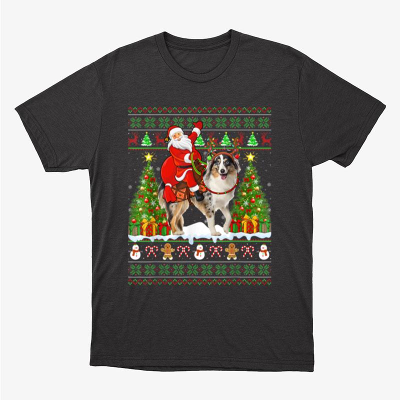 Xmas Ugly Santa Riding Australian Shepherd Dog Christmas Unisex T-Shirt Hoodie Sweatshirt